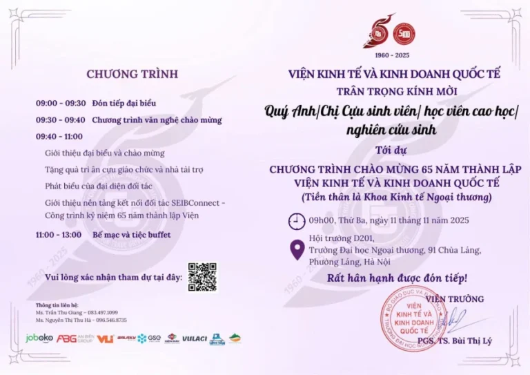 THƯ MỜI THAM DỰ CHƯƠNG TRÌNH CHÀO MỪNG 65 NĂM THÀNH LẬP VIỆN KINH TẾ VÀ KINH DOANH QUỐC TẾ